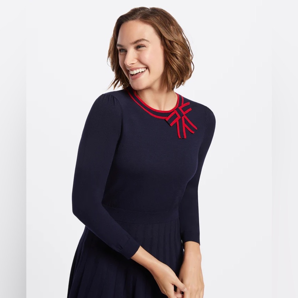 Draper James Bow Preppy Collegiate Navy Sweater Dress Size Small
